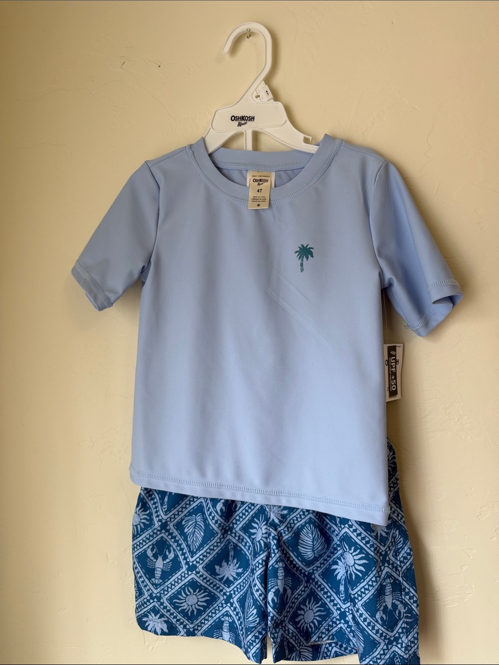 OshKosh B'gosh Light Blue Palm Tee with Blue Patterned Swim Shorts